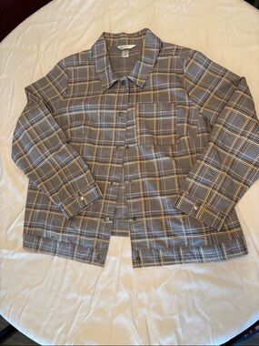 CJ Banks Blue and Tan Plaid Button-Down Shirt Jacket 1x